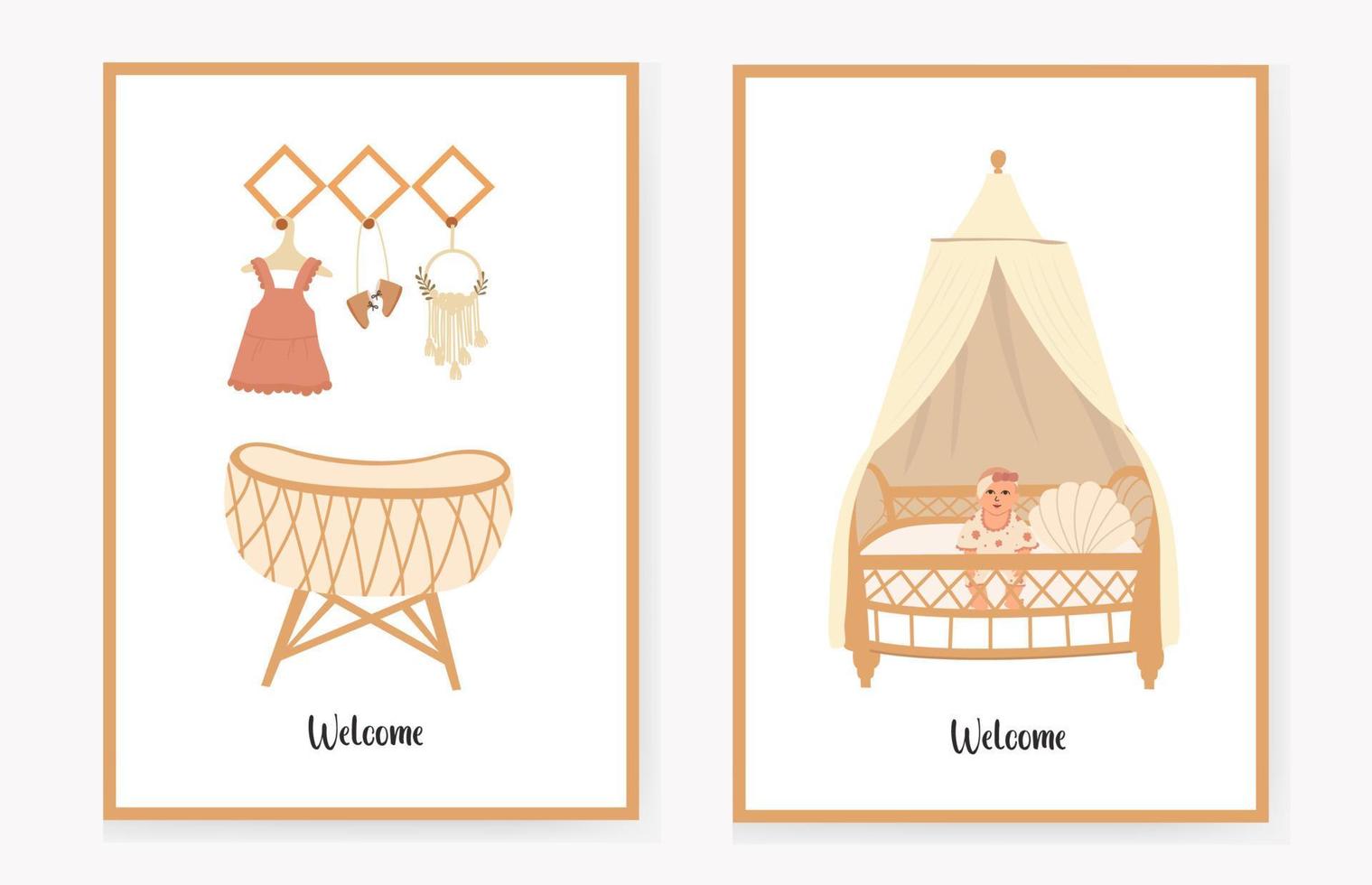 set of invitation cards for children with a crib and a hanger, in the boho style. Welcome. Vector illustration