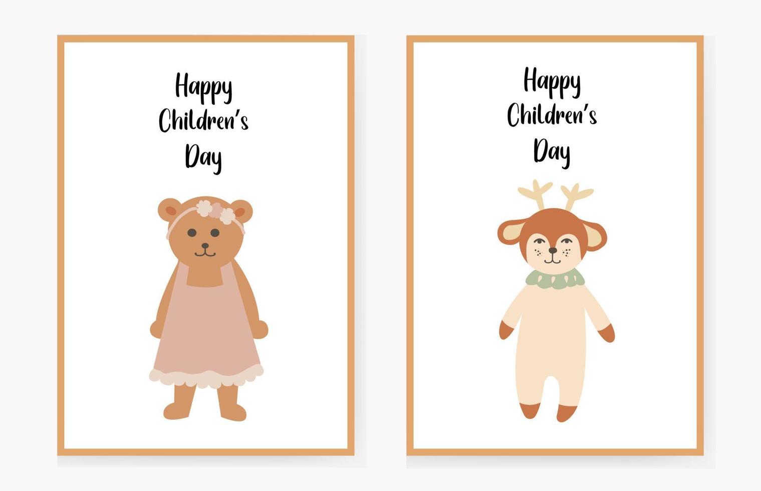 juego de tarjetas de invitación para niños con un lindo oso y un ciervo, feliz día del niño. felicitaciones ilustración vectorial vector