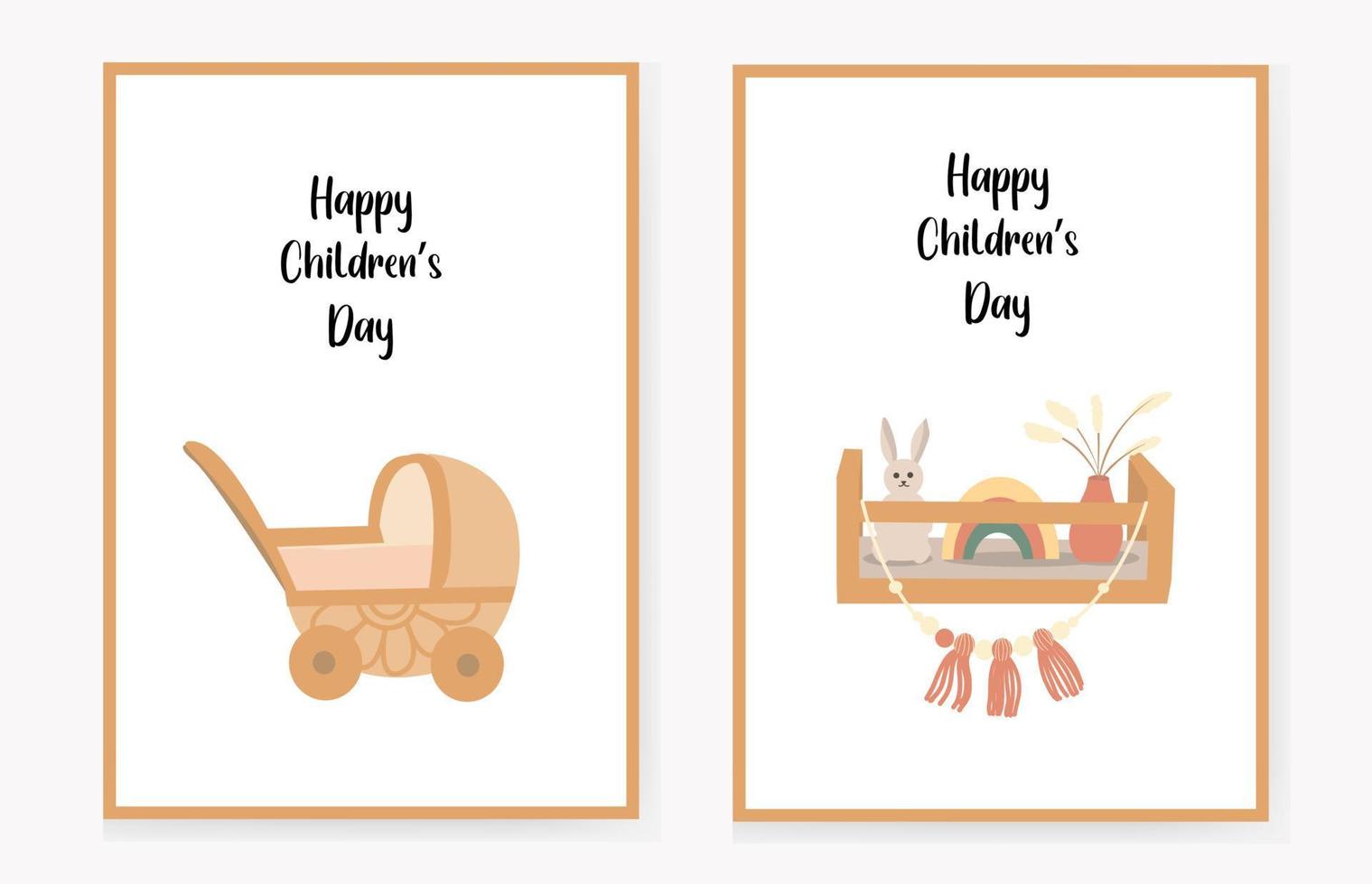 juego de tarjetas de invitación para niños con un estante con juguetes y decoración y un cochecito, feliz día del niño. felicitaciones ilustración vectorial vector