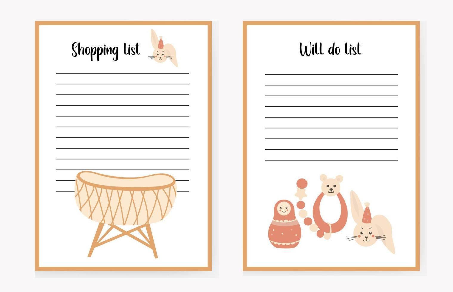 To-do list template and shopping list. A notepad for stationery on an isolated background. boho style, with a baby cot, toys vector