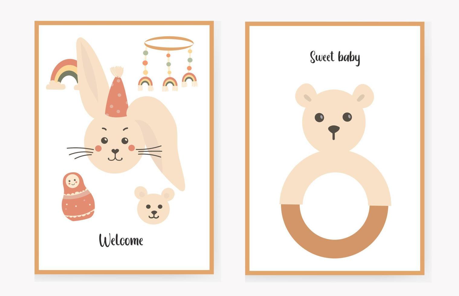 juego de tarjetas de invitación para niños con una liebre y un lindo oso sonajero, tarjetas de felicitación de cumpleaños. bienvenido, dulce bebé. ilustración vectorial vector