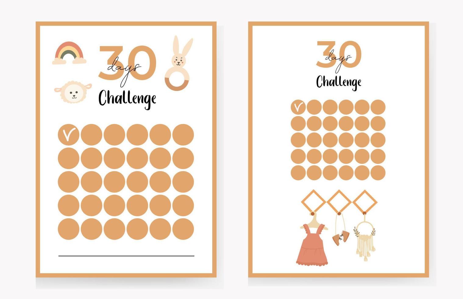 30 days challenge, children's, boho style. vector illustration, with elements of a hanger with children's cute clothes, a hare, a rainbow, a rattle and others