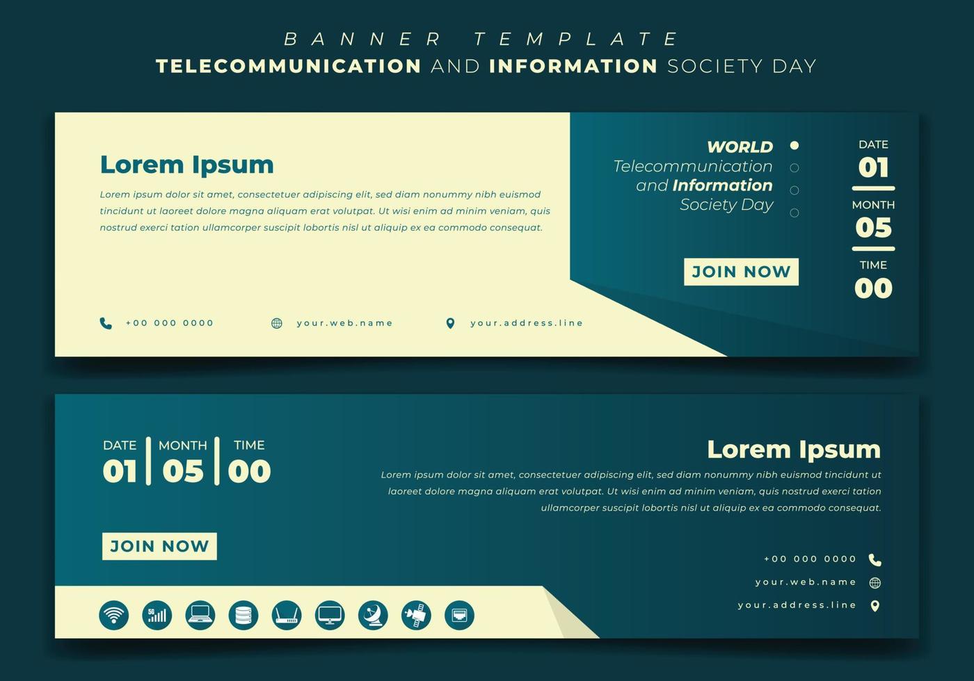 plantilla de banner web para el día de las telecomunicaciones y la sociedad de la información en el diseño de fondo del paisaje vector