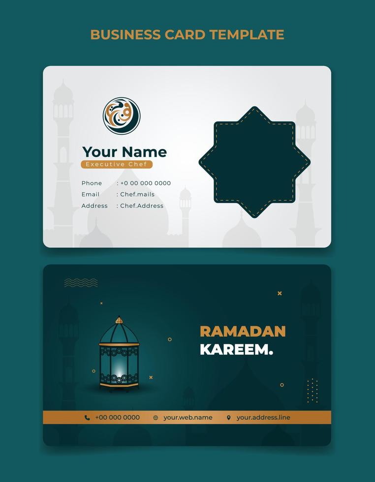 Business Card template in white and green design. arabic text mean is ramadan. White and green ID card template design. vector