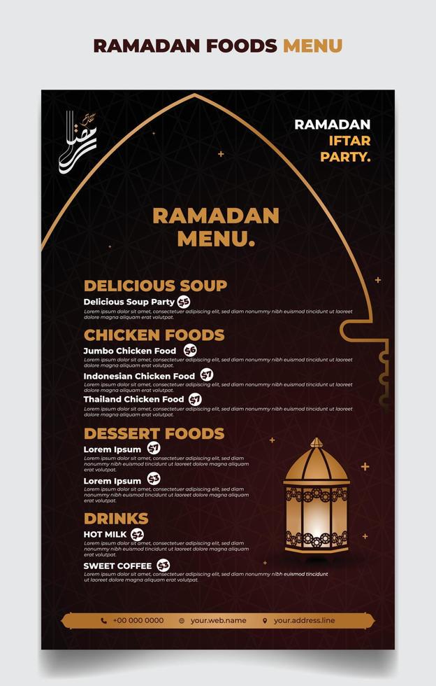 plantilla de menú de ramadán en fondo islámico rojo y dorado con diseño de linterna. iftar significa desayuno y texto árabe significa ramadán. vector