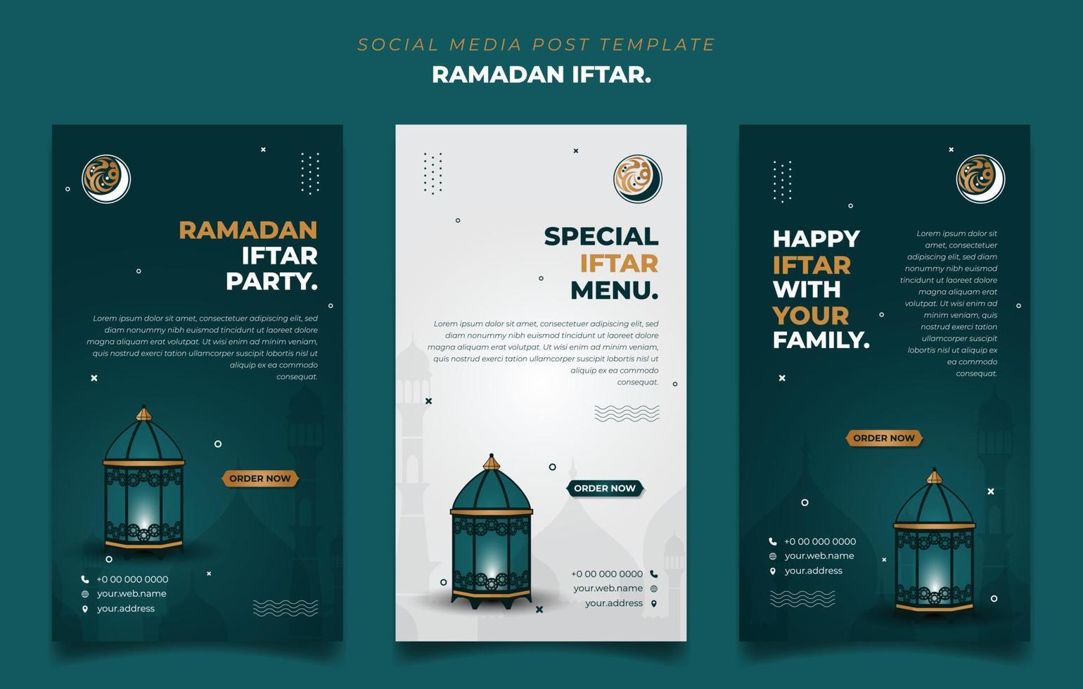 Set of social media post template in green, white and gold with lantern design. portrait background design. Iftar mean is breakfasting. vector