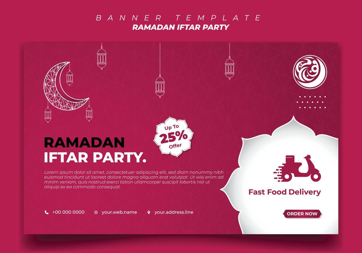 Banner template in pink and white background with moon and lantern design. Iftar mean is breakfasting and arabic text mean is ramadan. vector