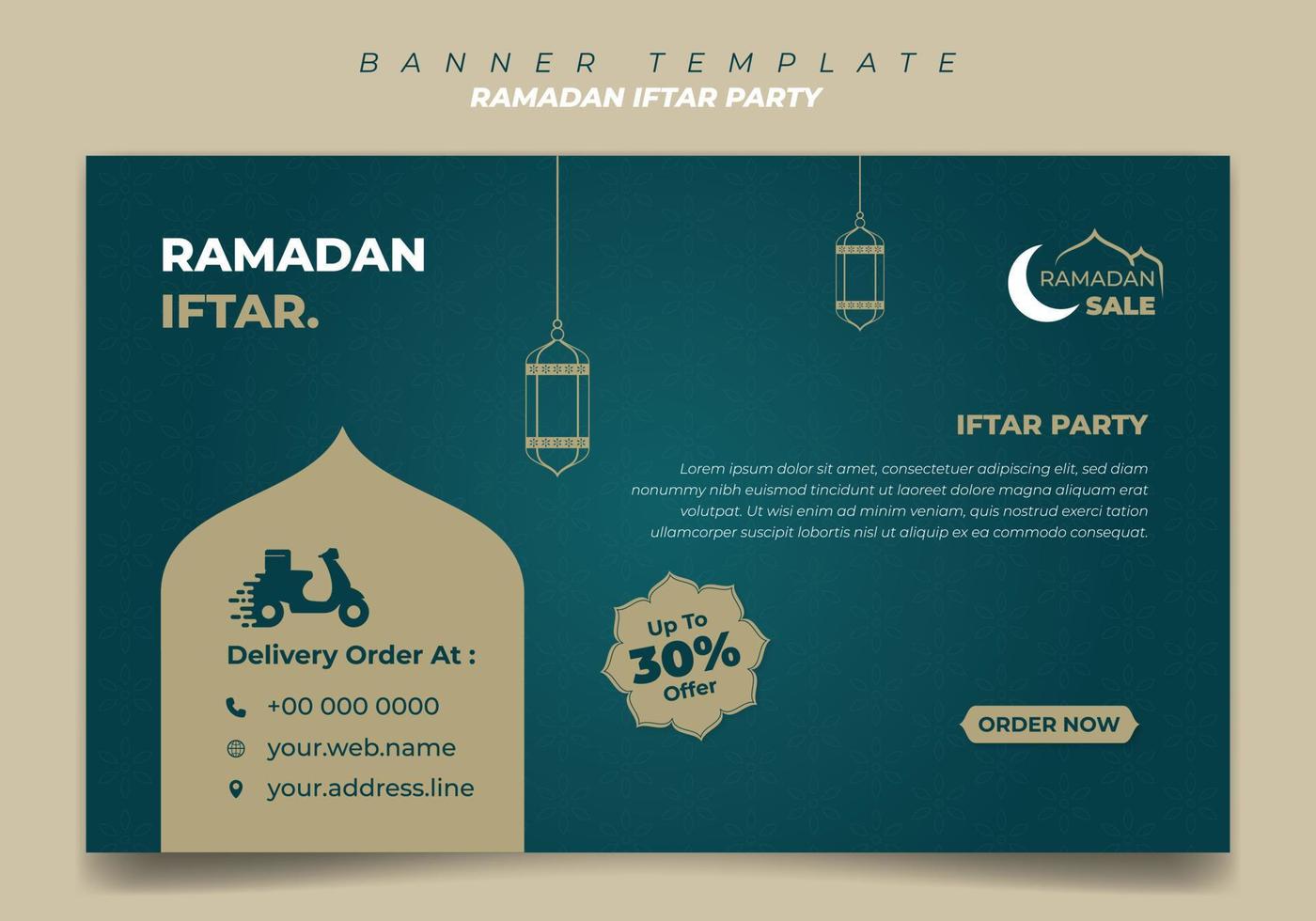 plantilla de banner en verde y marrón con diseño de fondo islámico. iftar significa desayunar y marhaban significa es bienvenido. vector