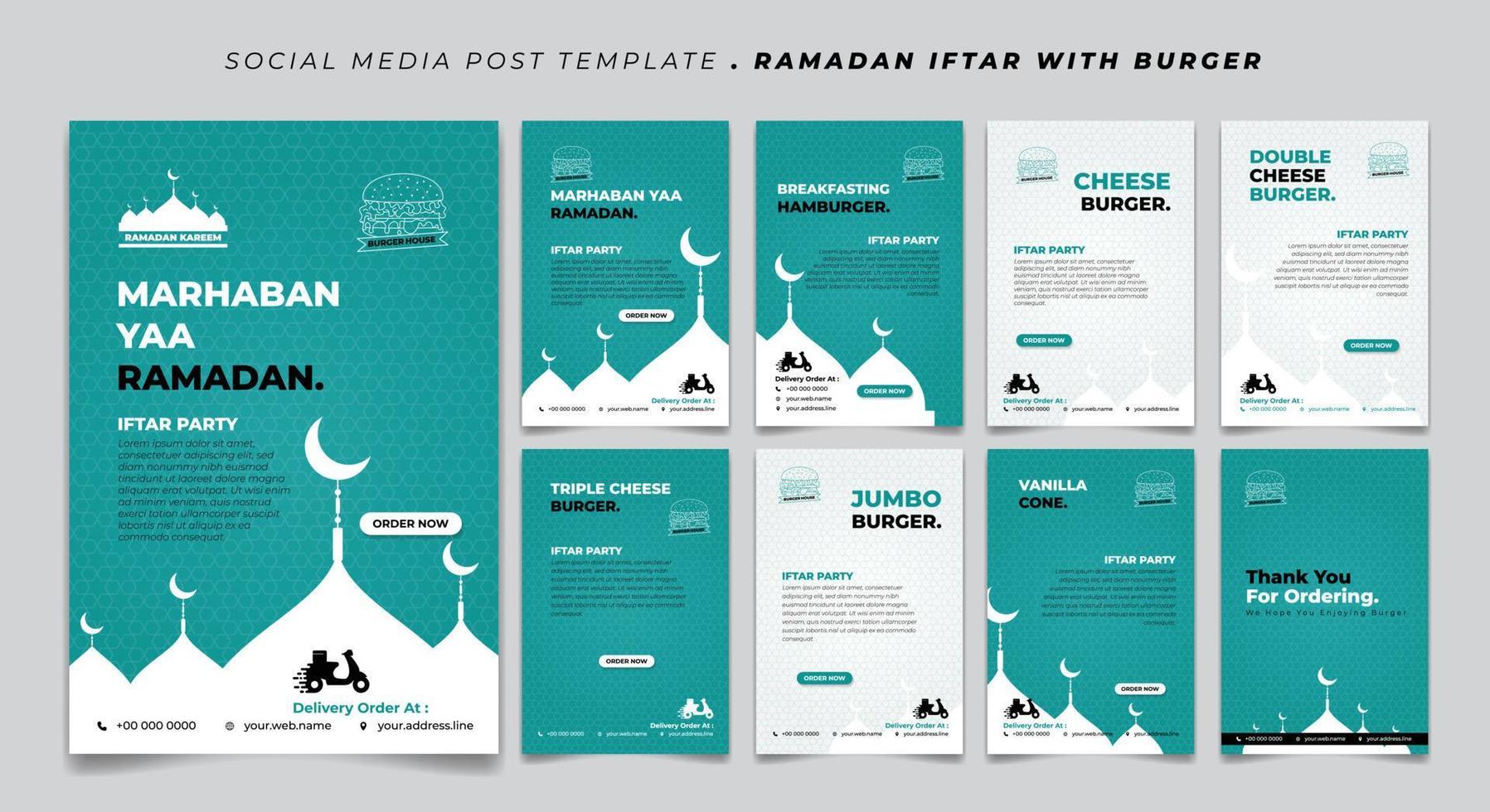 Set social media post template with white silhouette mosque design. social media template with islamic background design. vector