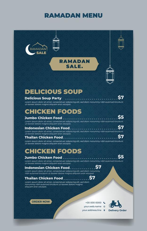 Ramadan menu template in Blue islamic background design. vector