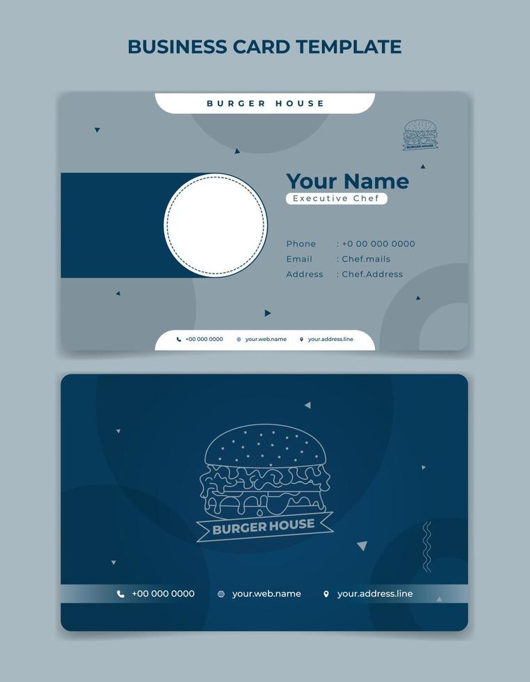 tarjeta de identificación azul con diseño simple de círculo y hamburguesa. diseño de tarjeta de identificación de restaurante. vector