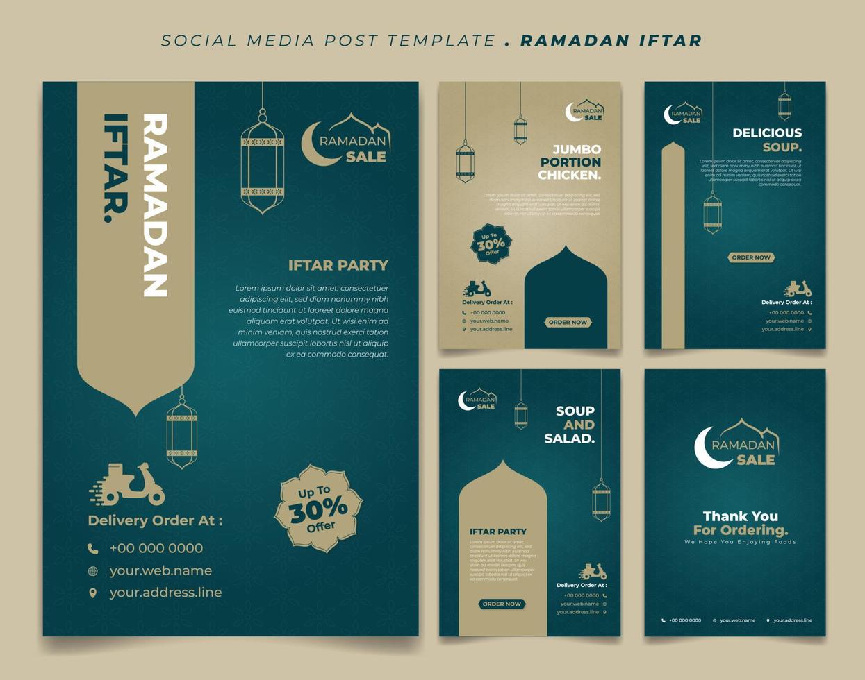 Set social media post template in Green and brown islamic background design. Iftar mean is breakfasting and marhaban mean is welcome. vector