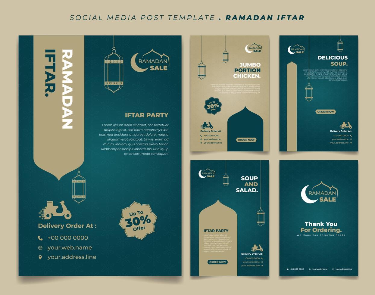 establezca la plantilla de publicación en medios sociales en un diseño de fondo islámico verde y marrón. iftar significa desayunar y marhaban significa es bienvenido. vector