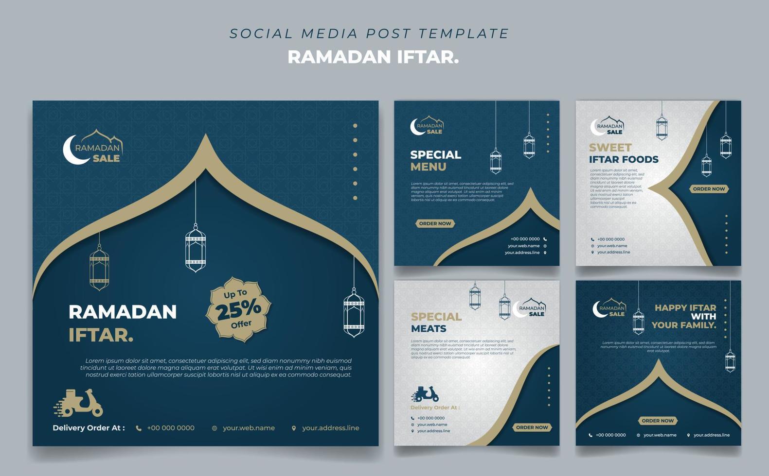 establezca la plantilla de publicación en medios sociales en un diseño de fondo azul y blanco. iftar significa desayunar y marhaban significa es bienvenido. vector