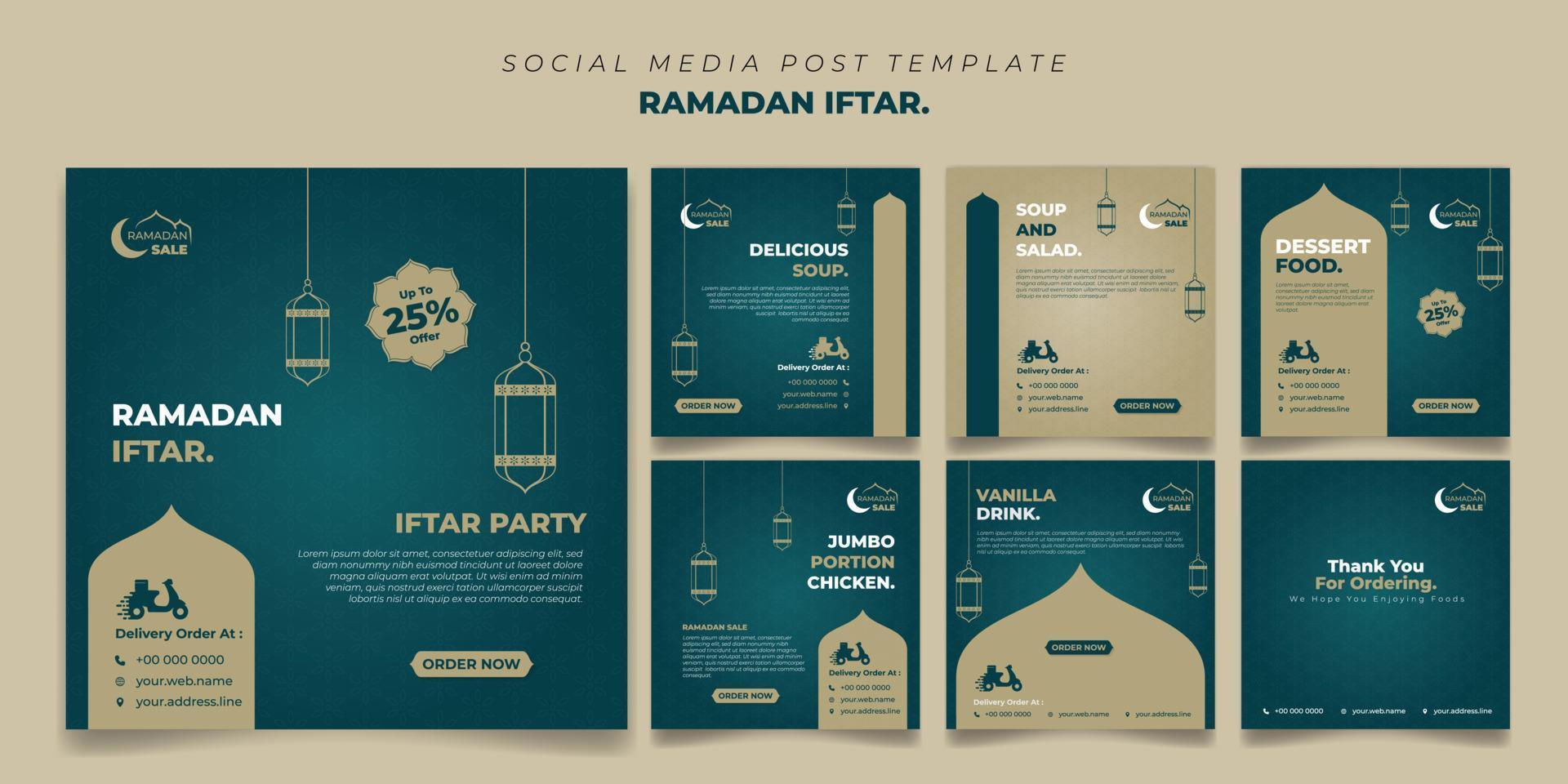 establecer el cuadrado de la plantilla de publicación de redes sociales de ramadán en un diseño de fondo verde y marrón. iftar significa desayunar y marhaban significa es bienvenido. vector