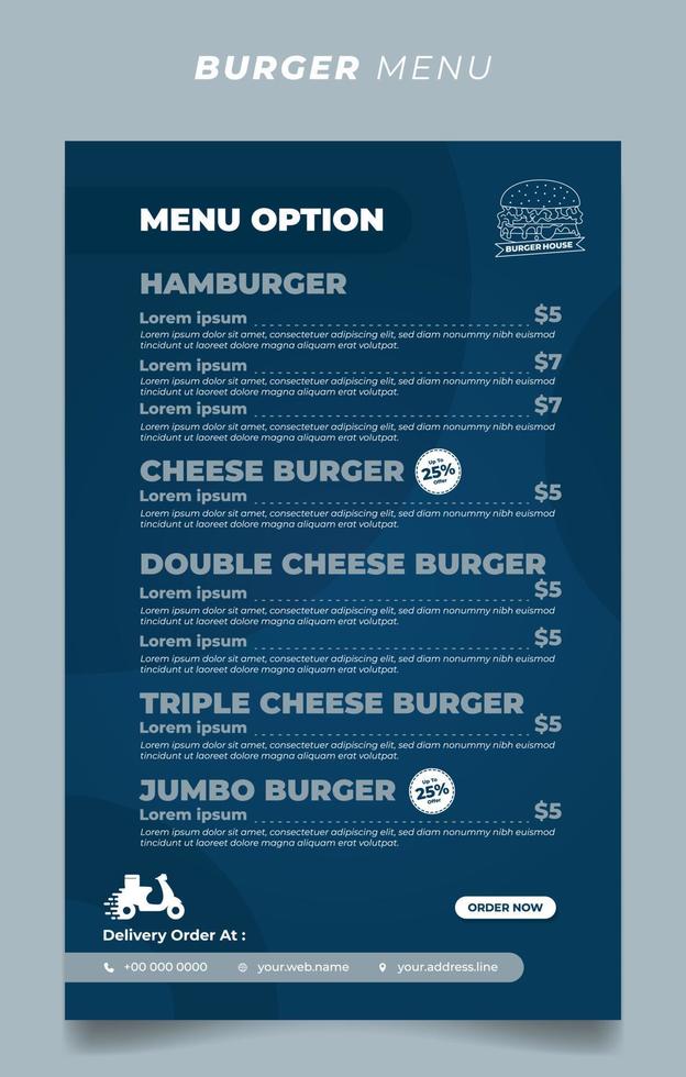 Simple blue burger menu template design. vector