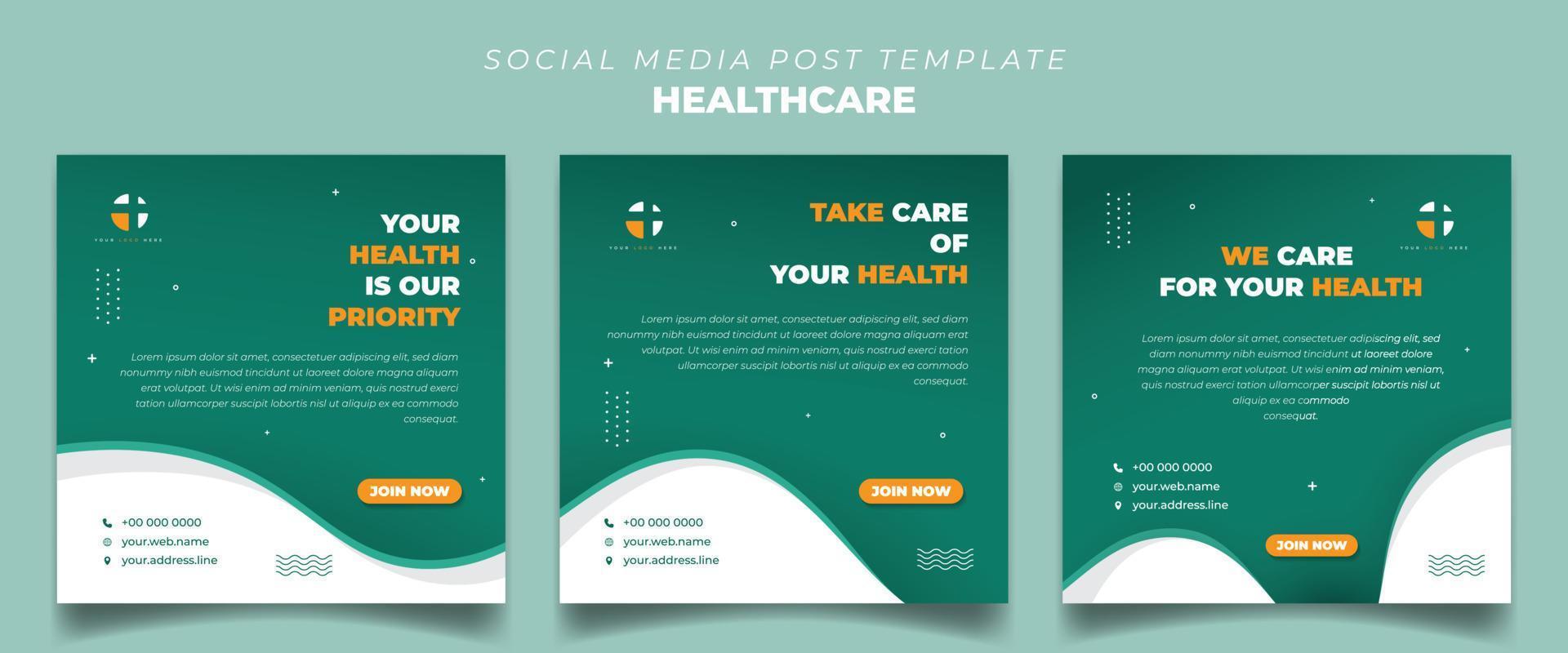 conjunto de plantillas de redes sociales en verde y blanco con diseño de fondo ondulado. plantilla de redes sociales de atención médica. vector