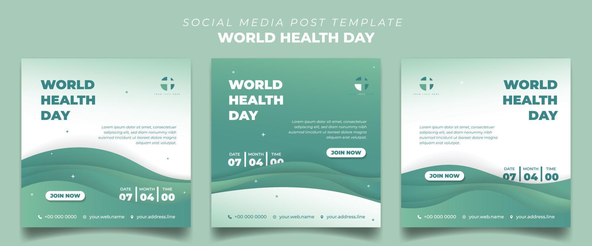 Set of square social media template in green and white with simple wavy background design. Healthcare social media template. vector