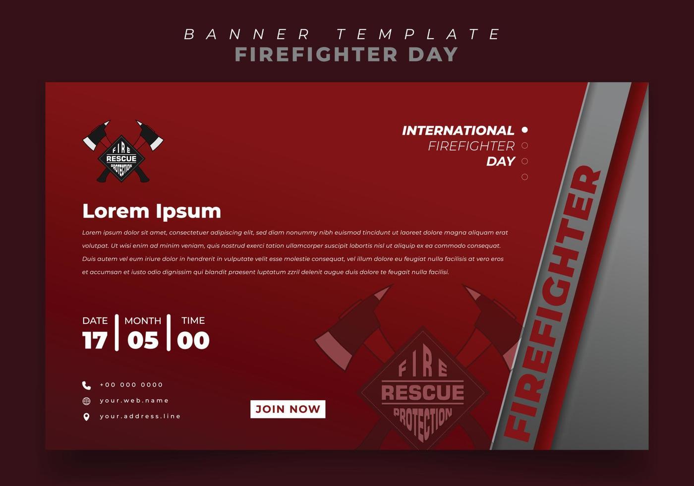 plantilla de banner con diseño de hacha para el día del bombero en fondo rojo vector