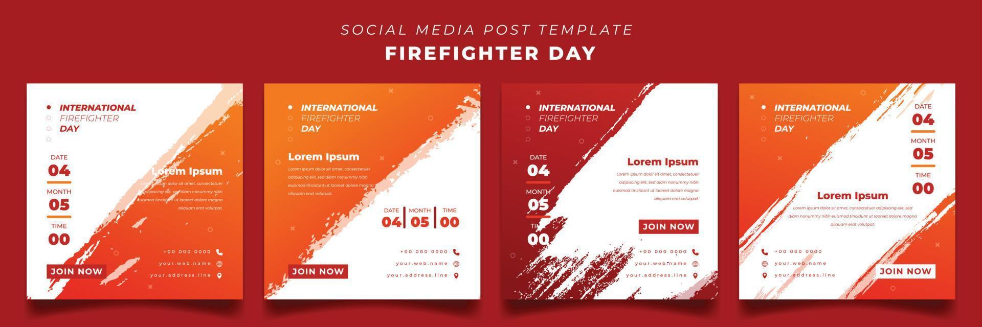 Set of social media post template with grunge background for firefighter day design vector