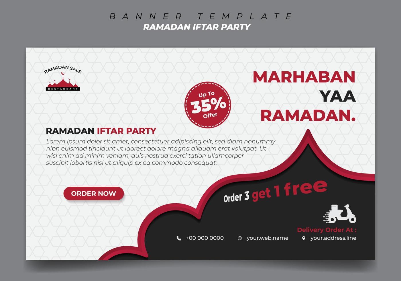 plantilla de banner en blanco y negro con diseño de fondo islámico de línea roja. iftar significa desayunar y marhaban significa es bienvenido. vector