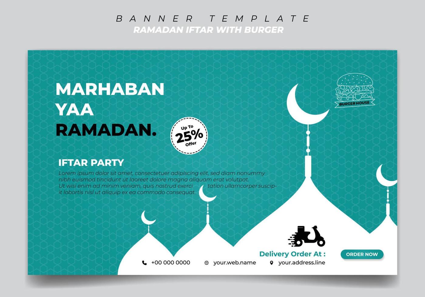 Green Banner template with white silhouette mosque design. Social media banner template design. vector