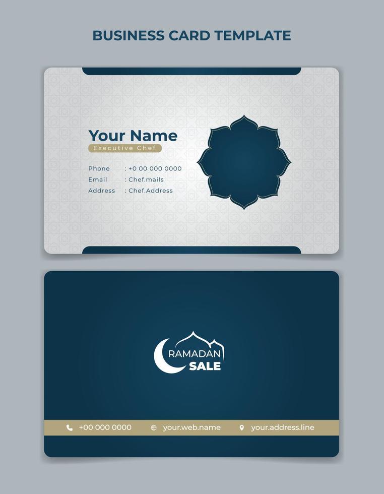 diseño de plantilla de tarjeta de visita en diseño azul y blanco con fondo islámico. diseño de plantilla de tarjeta de identificación azul y blanca. vector