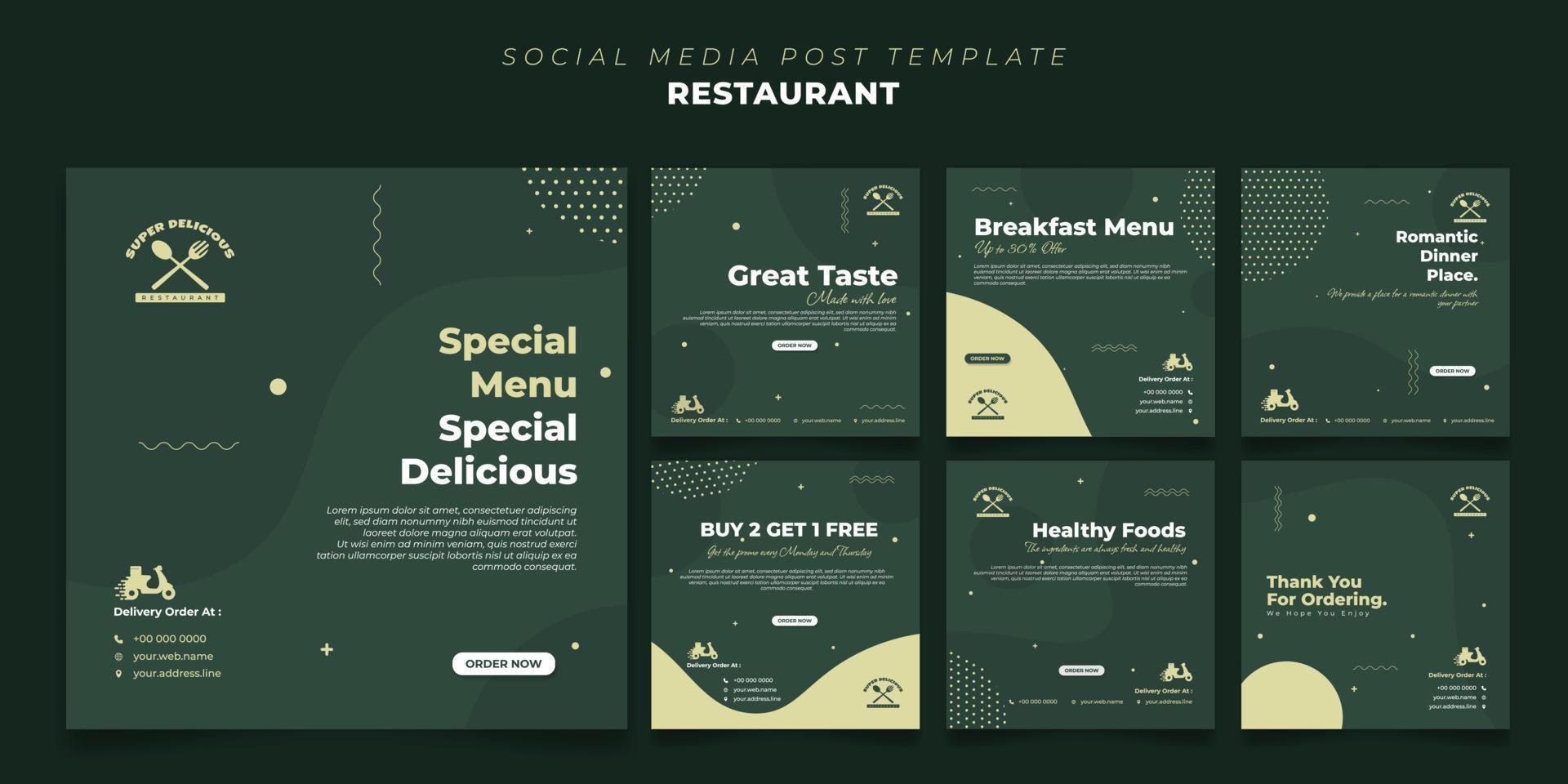 Elegance green social media template in square design. Restaurant template design in green color. vector