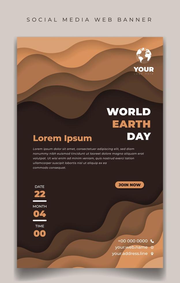 World earth day template in portrait design. Set of social media template design with brown paper cut background. vector
