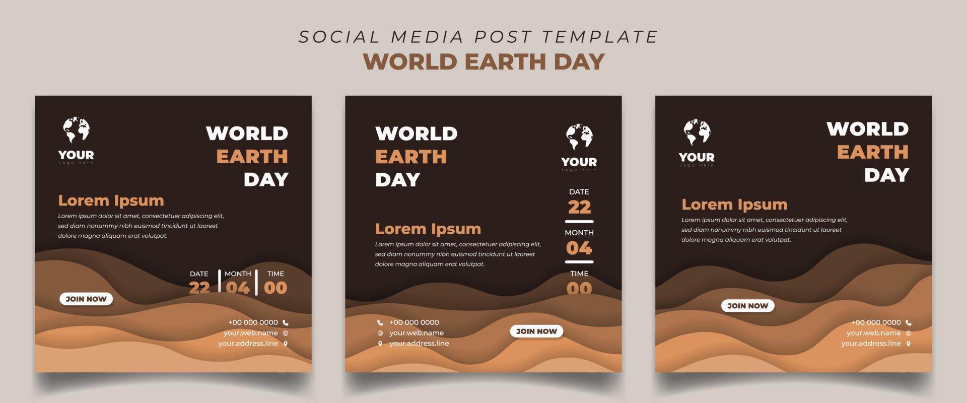 conjunto de plantilla de publicación de redes sociales en fondo cuadrado. diseño de plantilla del día mundial de la tierra con fondo de corte de papel. vector