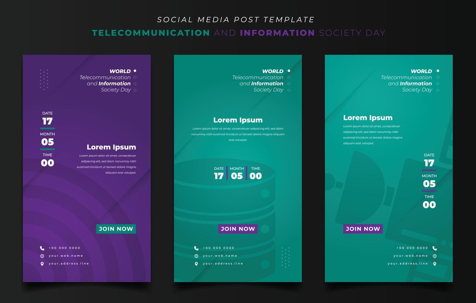 plantilla de medios sociales para telecomunicaciones e información en fondo de retrato verde y morado vector