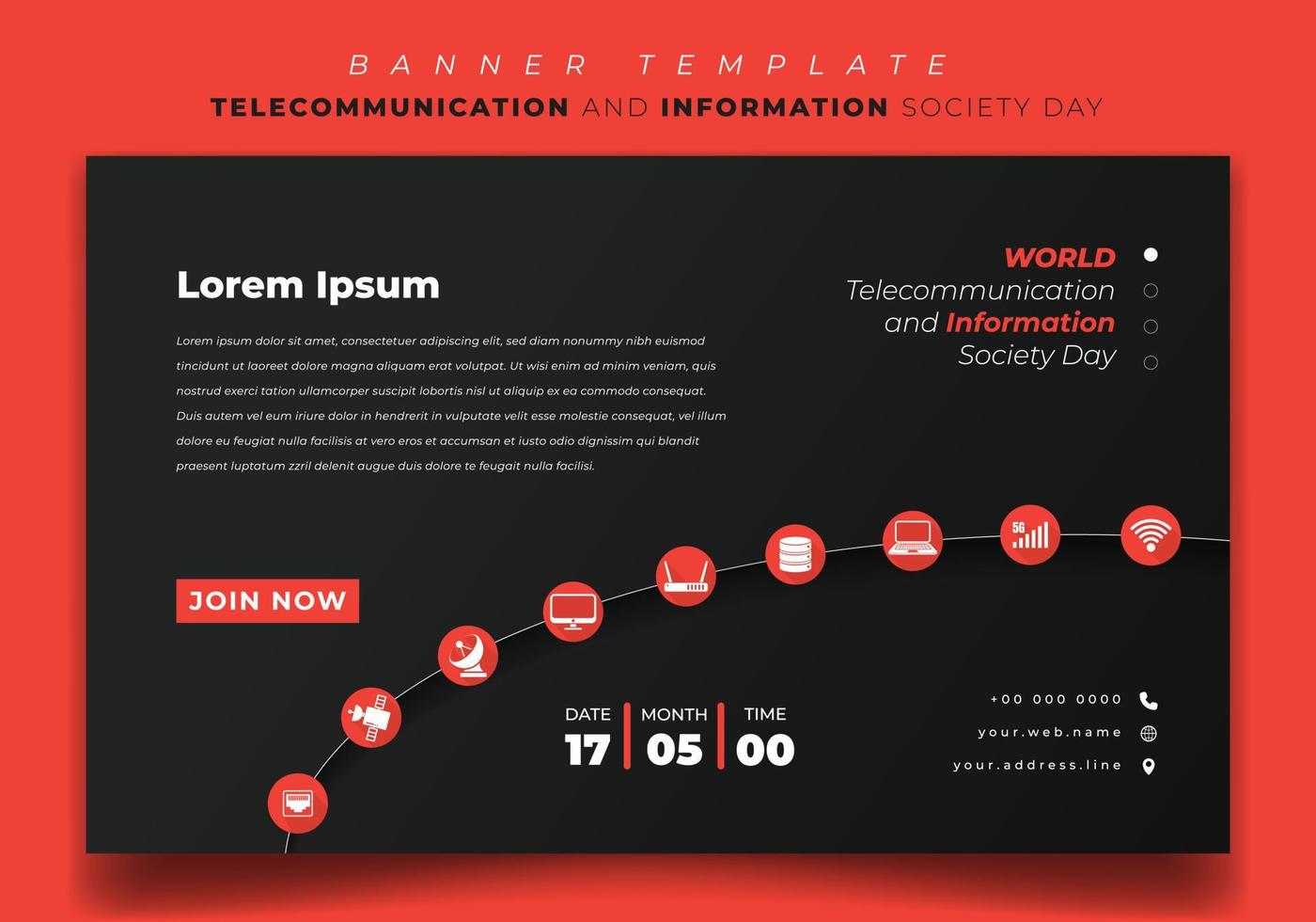 plantilla de banner para telecomunicaciones y sociedad de la información en diseño de fondo naranja negro vector