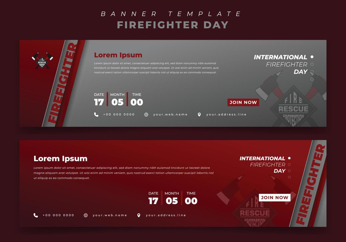 conjunto de plantillas de banner web para el día del bombero en fondo rojo y gris vector