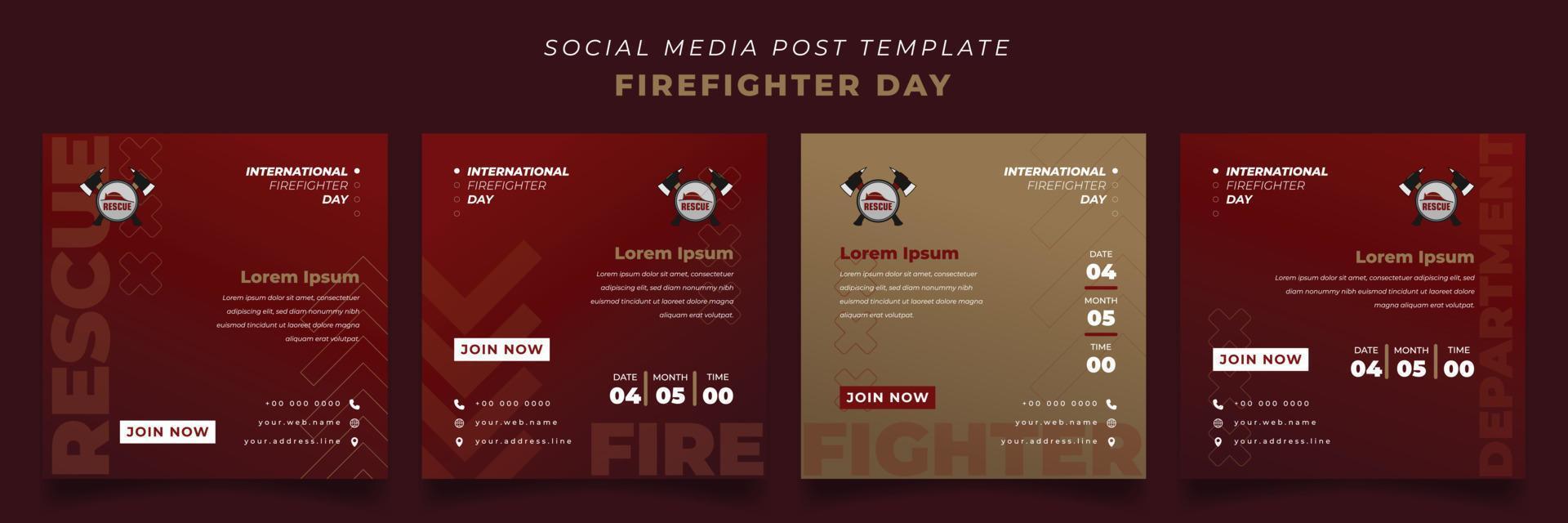 conjunto de plantillas de publicaciones en redes sociales con fondo rojo y dorado para el diseño del día de los bomberos vector