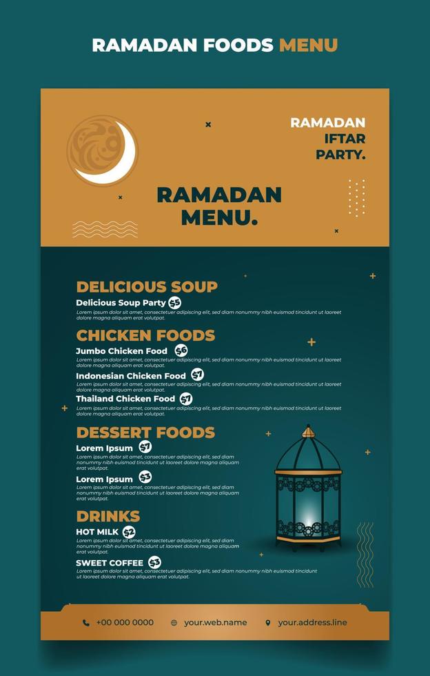 plantilla de menú ramadán en fondo islámico verde, blanco y dorado con diseño de linterna. iftar significa desayuno y texto árabe significa ramadán. vector