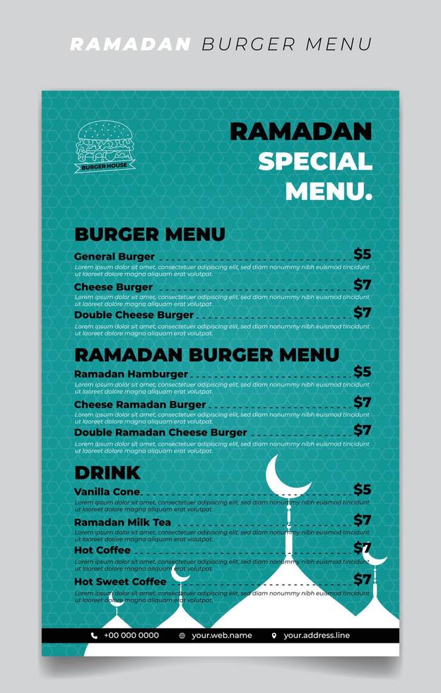 Green burger menu template in ramadan month with silhouette mosque design. vector