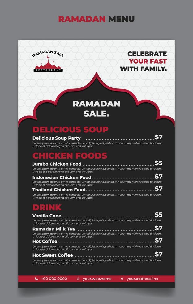 Ramadan menu template in ramadan month in Black and white with red line islamic background design. vector