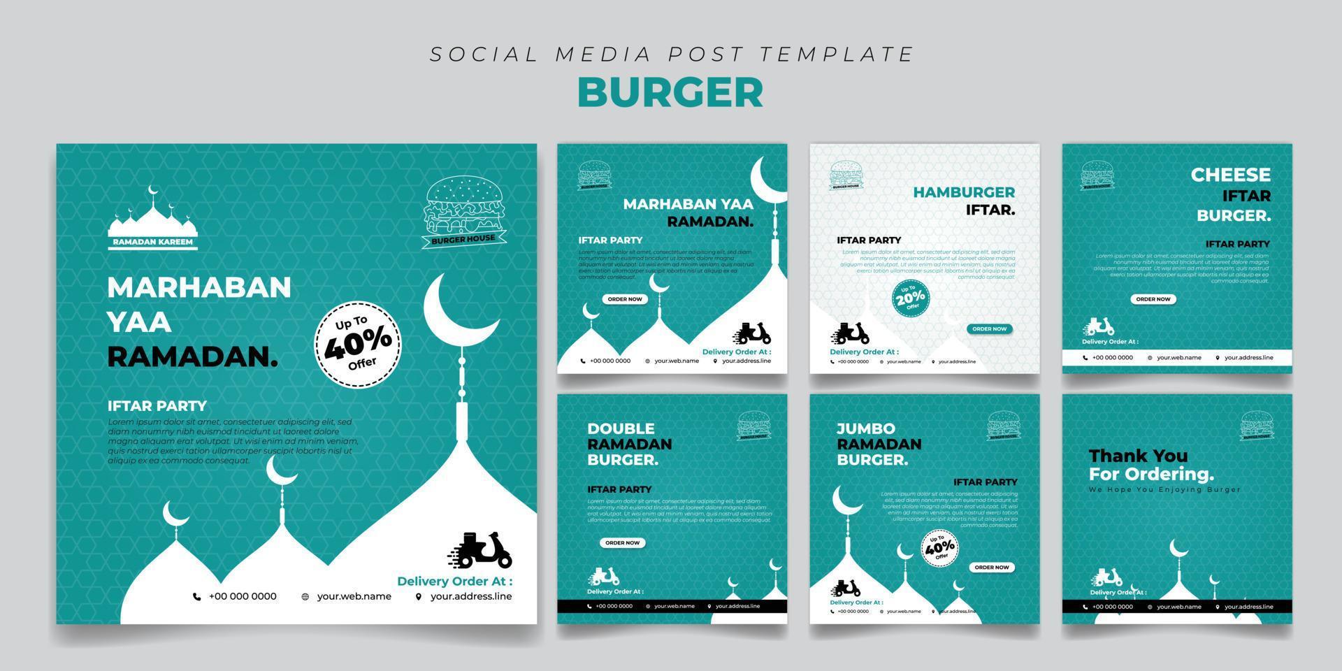 Set of social media post template in islamic background design. social media template with white silhouette mosque design. vector