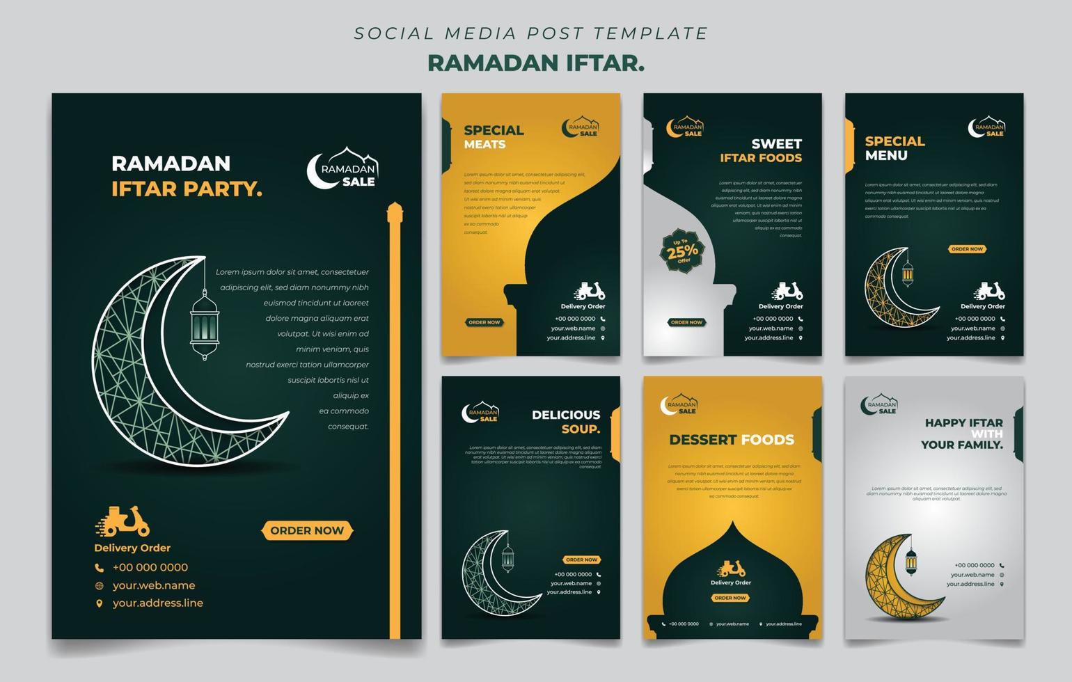 conjunto de plantillas de publicación en medios sociales en fondo verde, amarillo y blanco con diseño de luna y linterna. iftar significa desayunar. vector