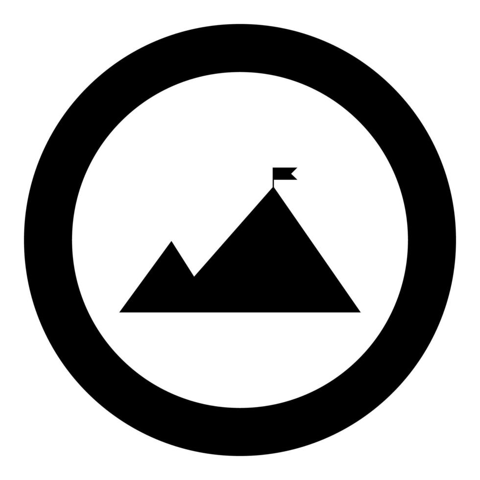montañas con una bandera encima del icono de color negro en círculo o redondo vector