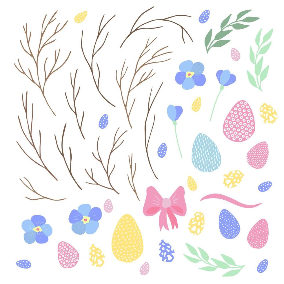 juego de pascua con huevos de pascua, flores, hojas y ramas sobre fondo blanco vector