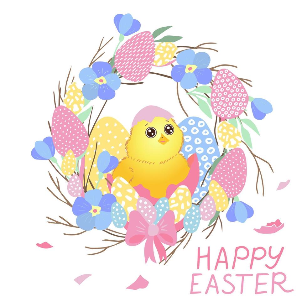 Happy Easter wreath with yellow Chicken, Easter eggs, flowers, leaves and branches on white background vector