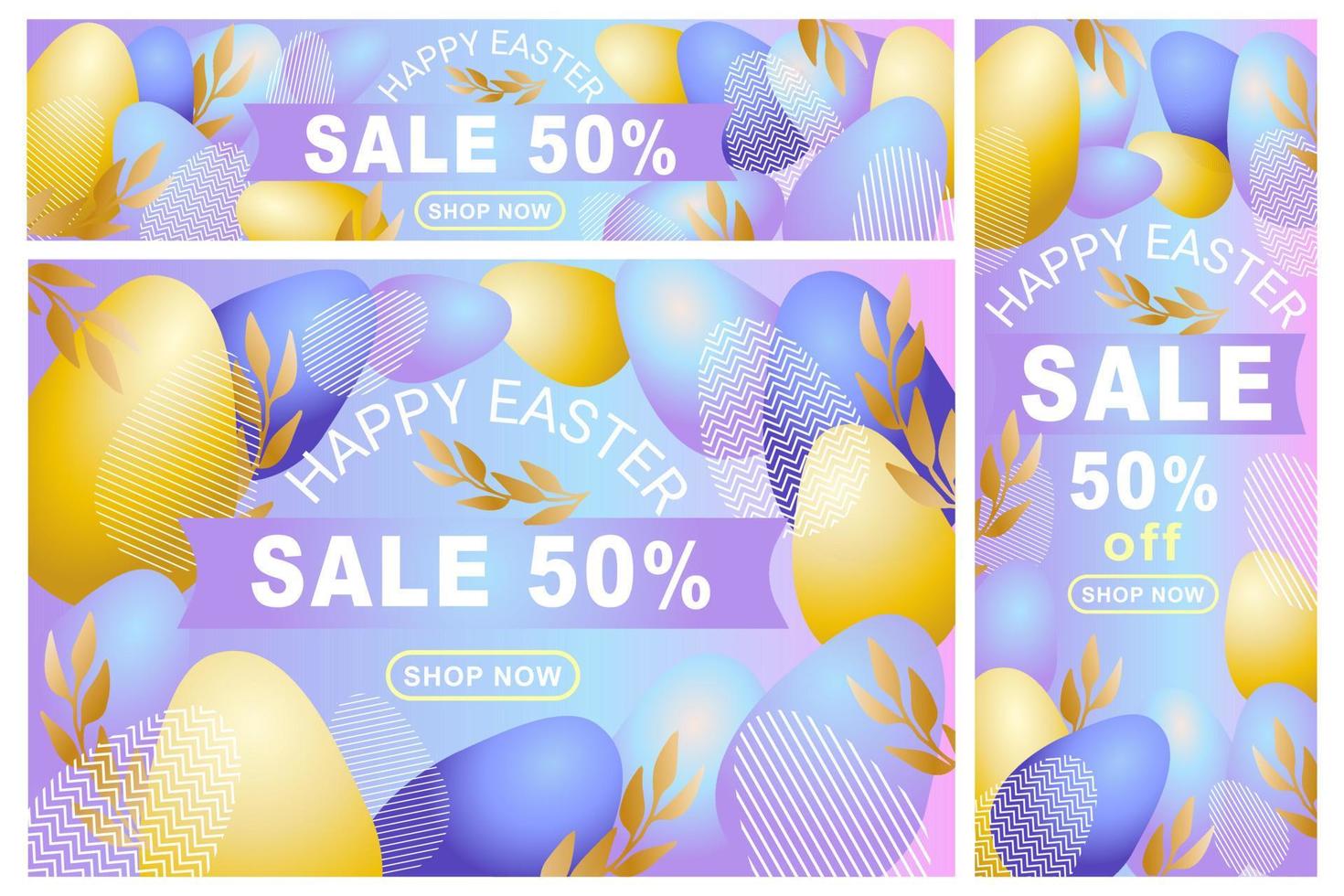 plantillas de carteles promocionales de venta de pascua con huevos dorados y violetas y rama vector