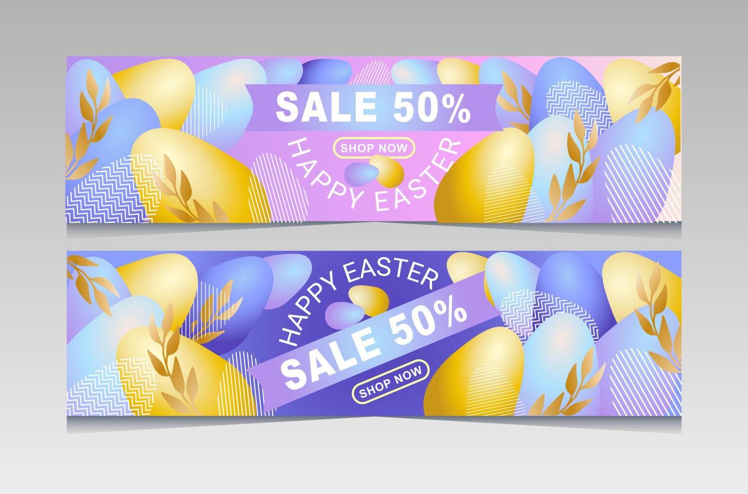 plantillas de banner promocional de venta de pascua con huevos dorados y violetas vector