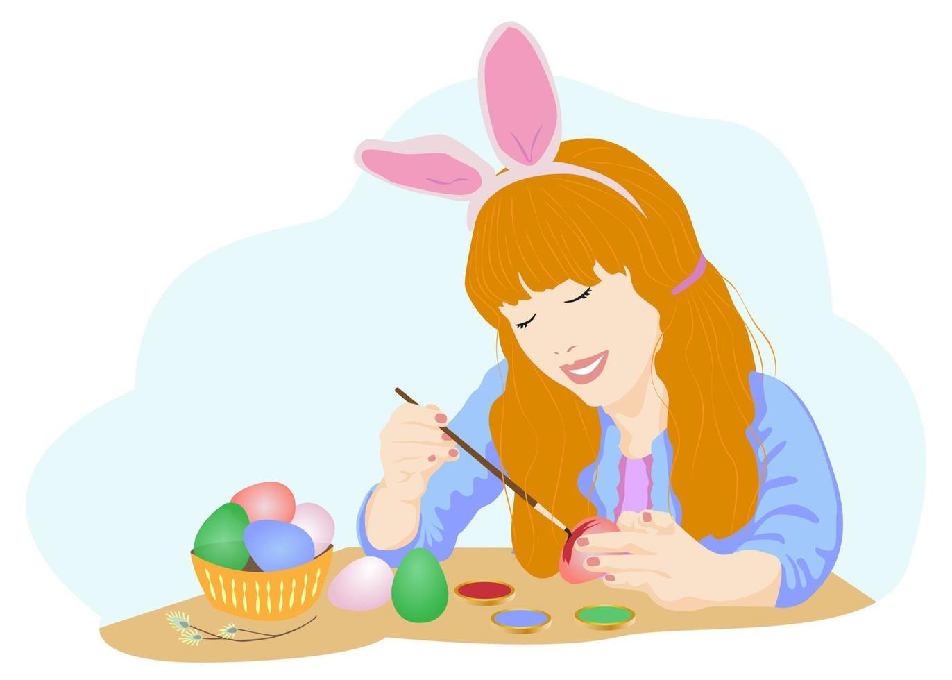 Portrait of happy girl painting Easter eggs vector