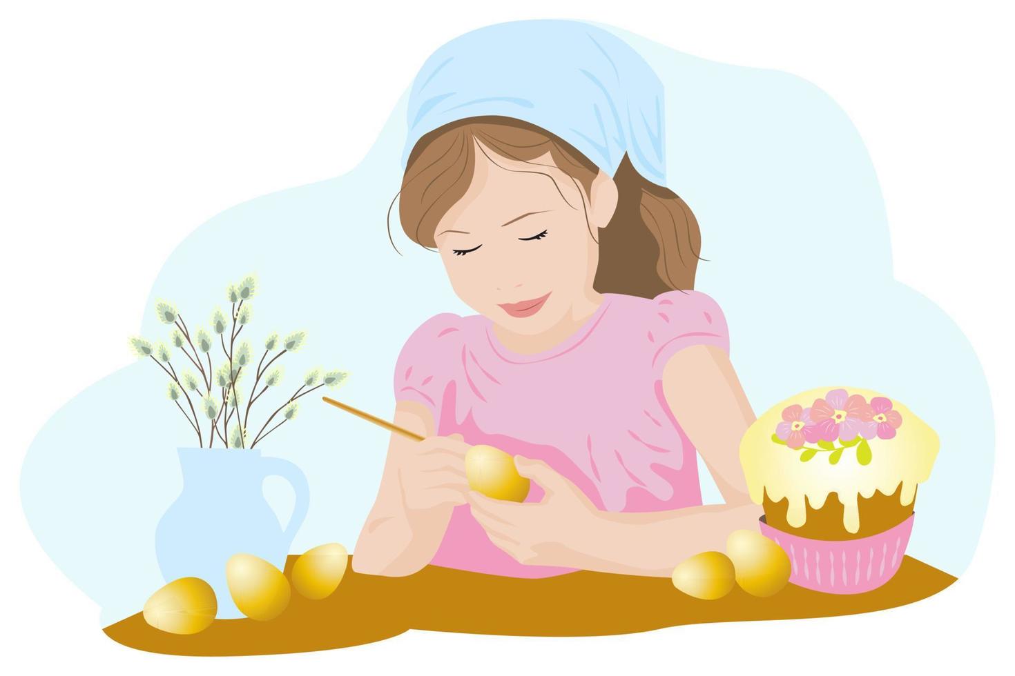 Portrait of happy girl painting Easter eggs vector