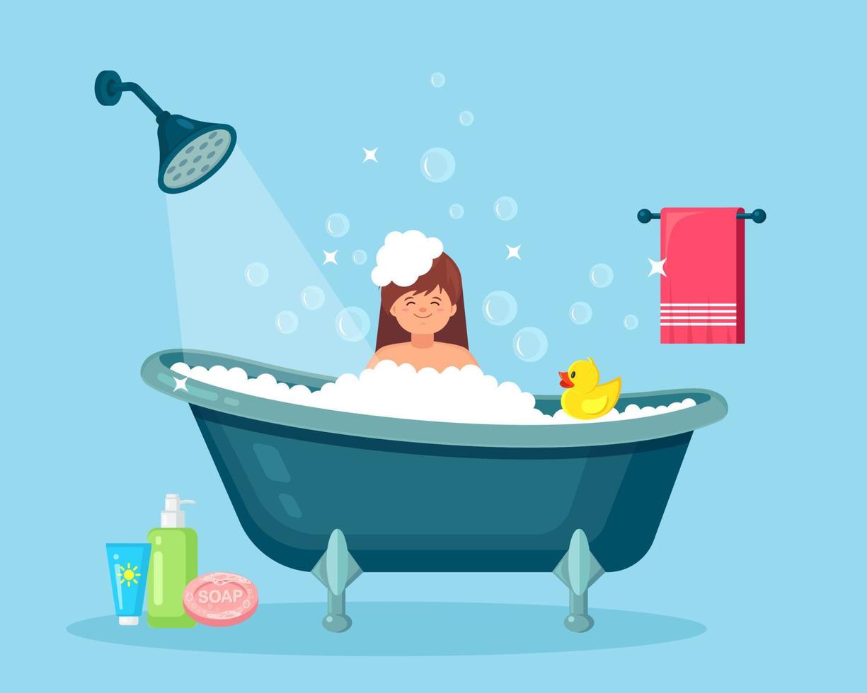Woman taking bath in bathroom. Wash hair, body with shampoo, soap. Bathtub full of foam with bubbles. Vector design