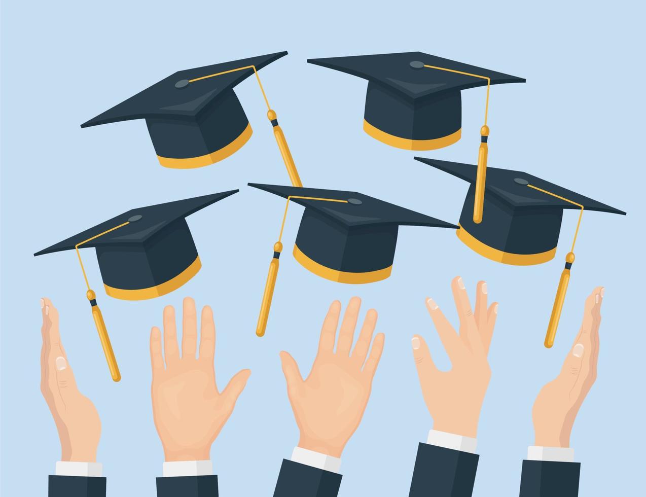 estudiantes que se gradúan lanzando gorras de graduación al aire, volando sombreros académicos vector