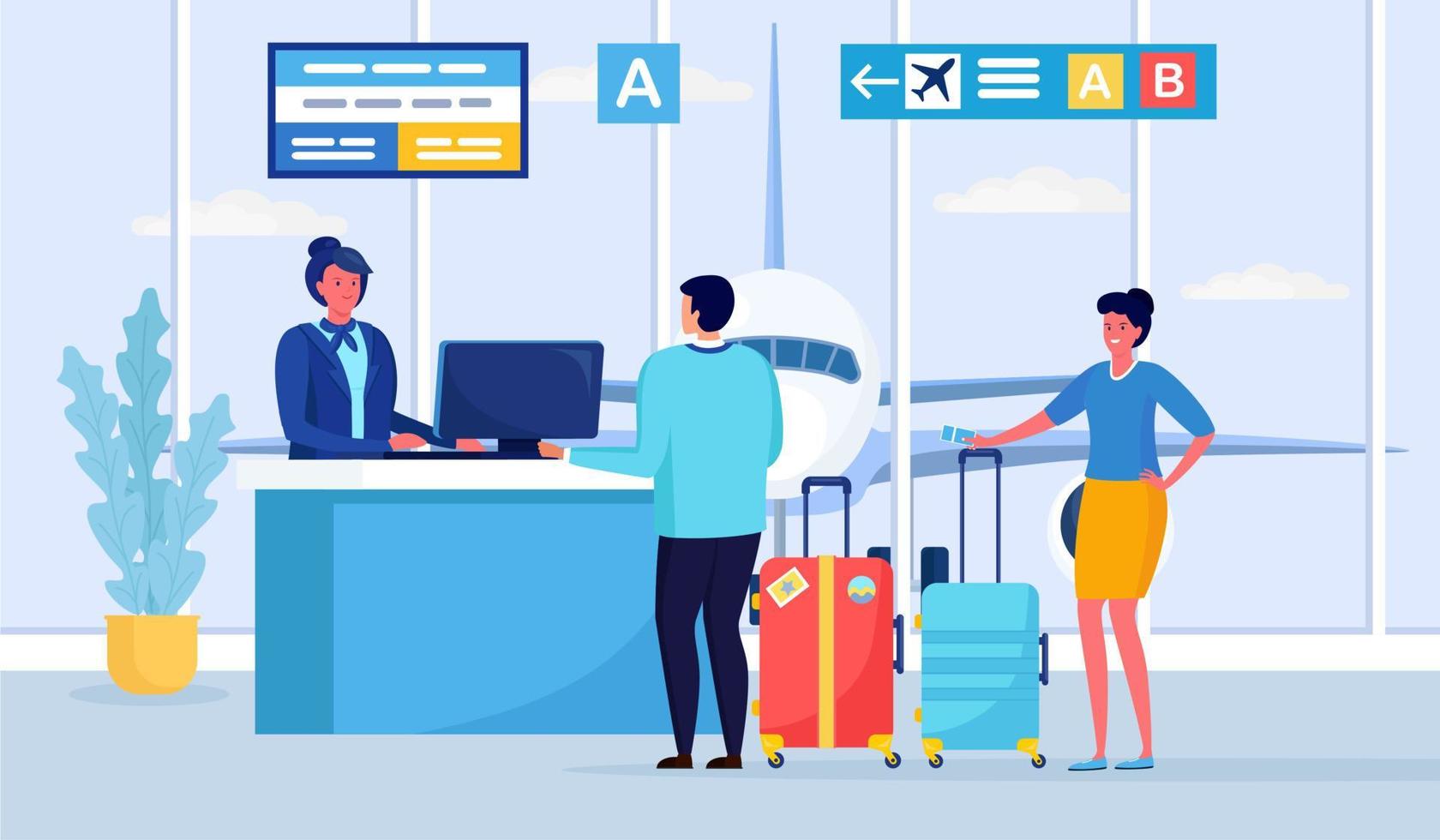 Check in, registration in airport terminal passengers standing in queue at departures gate. Vector design