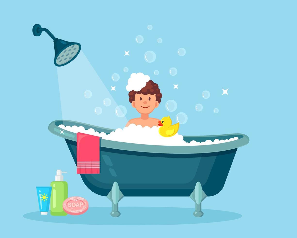 Happy man taking bath in bathroom with rubber duck. Wash head, hair, body, skin with shampoo, soap, sponge, water. Bathtub full of foam with bubbles. Hygiene, everyday routine, relax. Vector design